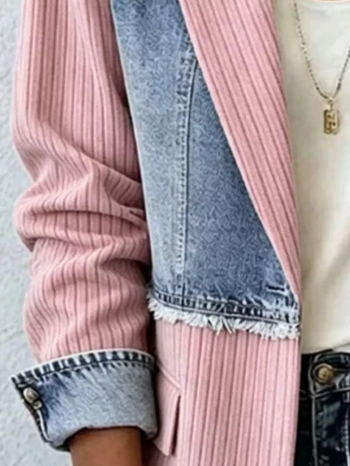 Denim patchwork ribbed blazer with raw hem and notch lapels