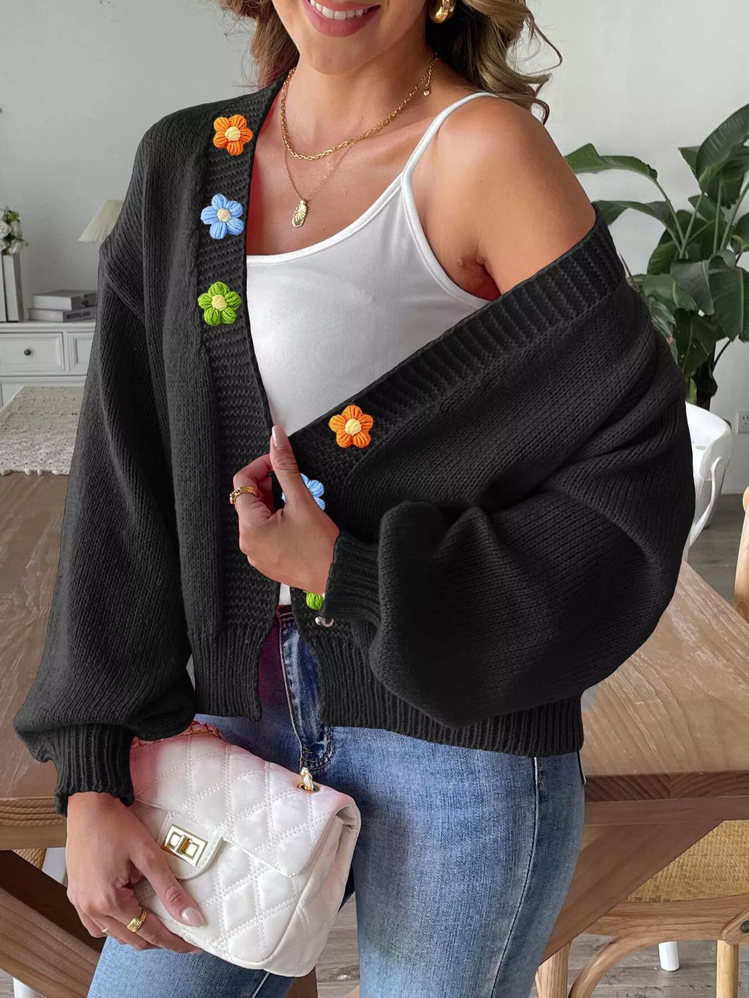 Floral applique open front knit cardigan with ribbed trim