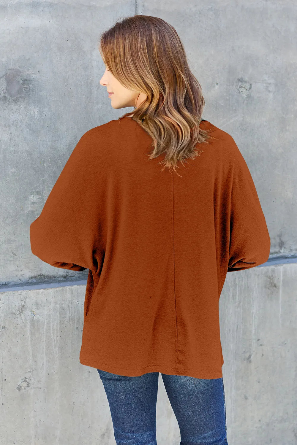 Relaxed drop-shoulder round neck long sleeve top