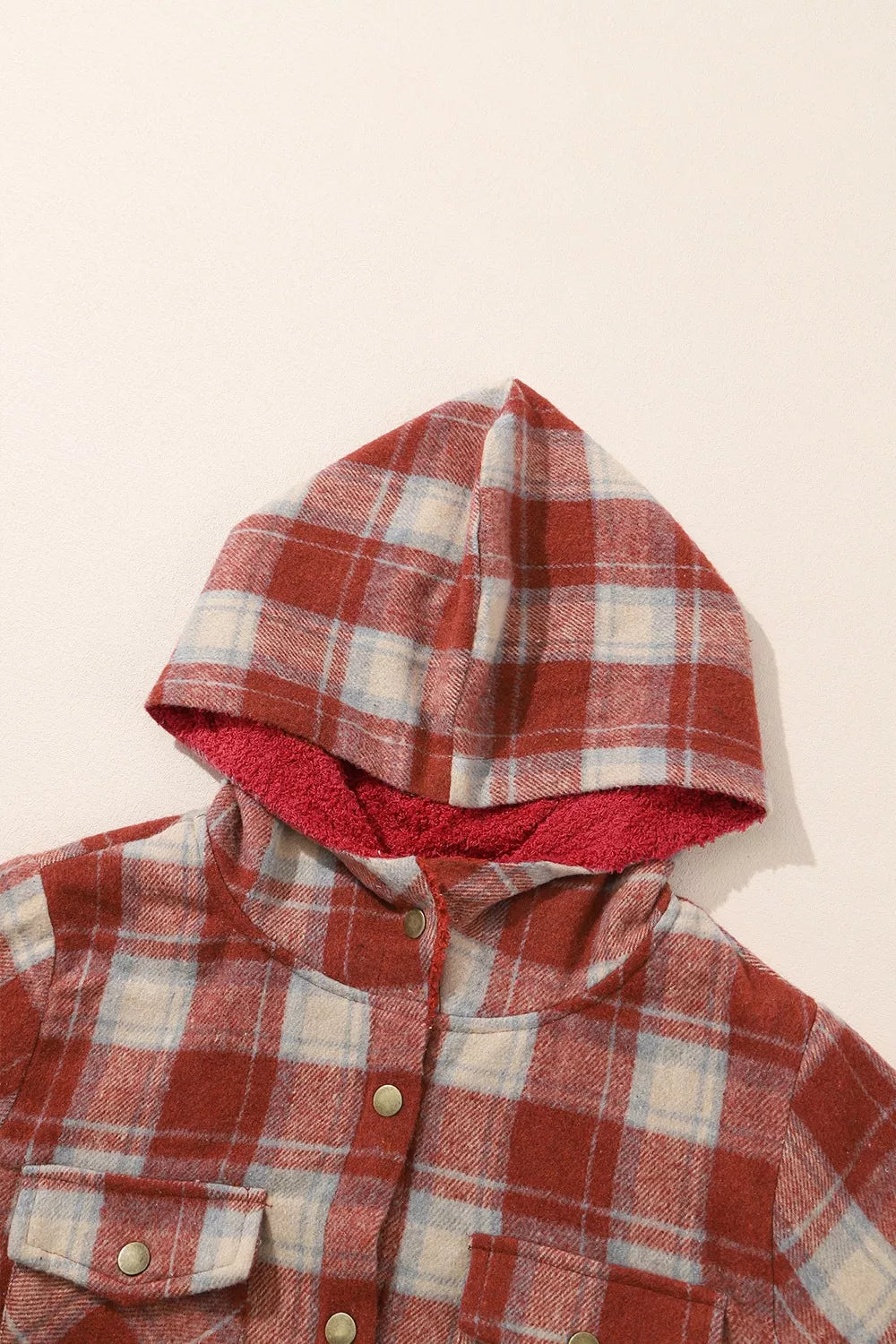 Sherpa-lined plaid hooded shacket with snap front