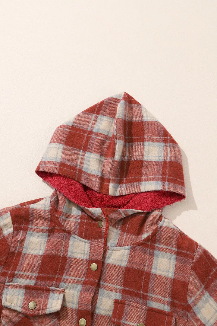 Sherpa-lined plaid hooded shacket with snap front