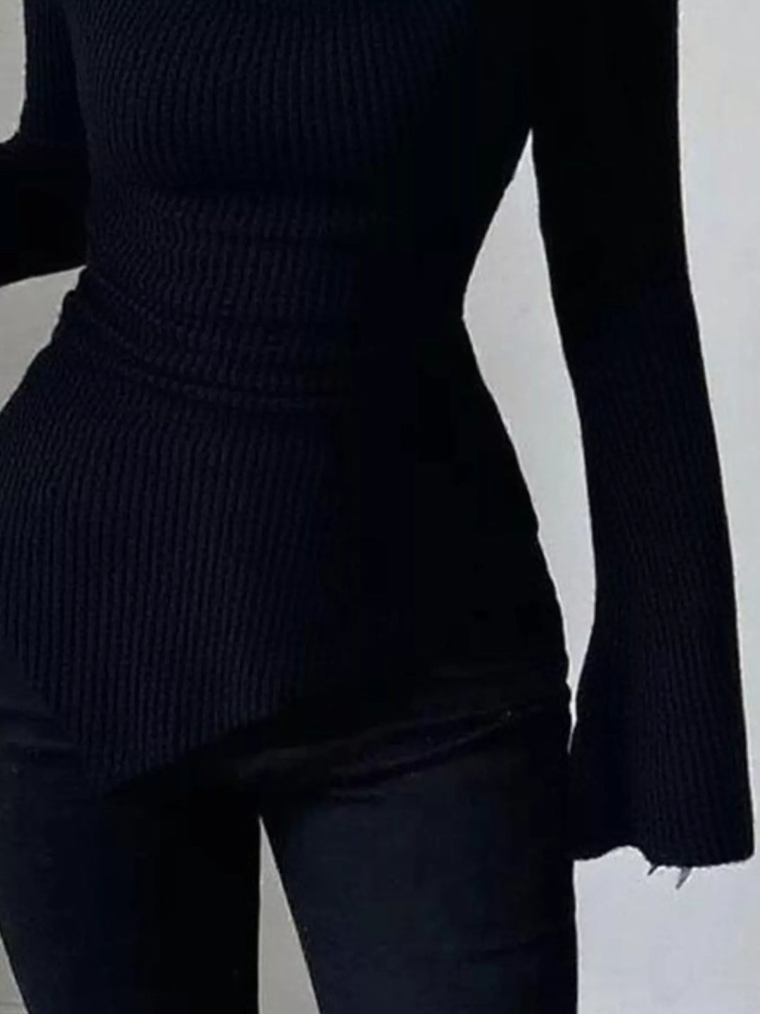 Cowl neck ribbed knit top with flare sleeves