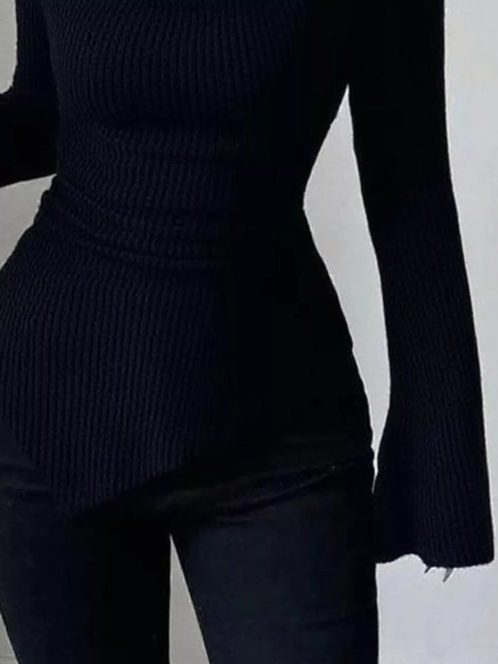 Cowl neck ribbed knit top with flare sleeves
