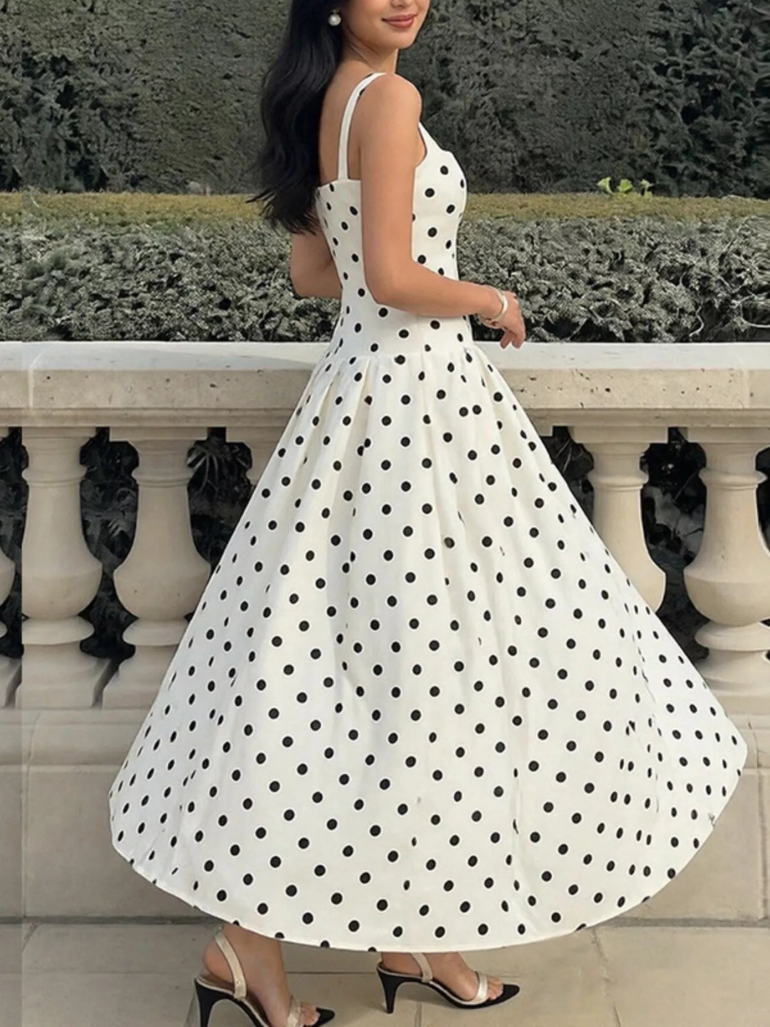 Polka dot square neck fit-and-flare maxi dress