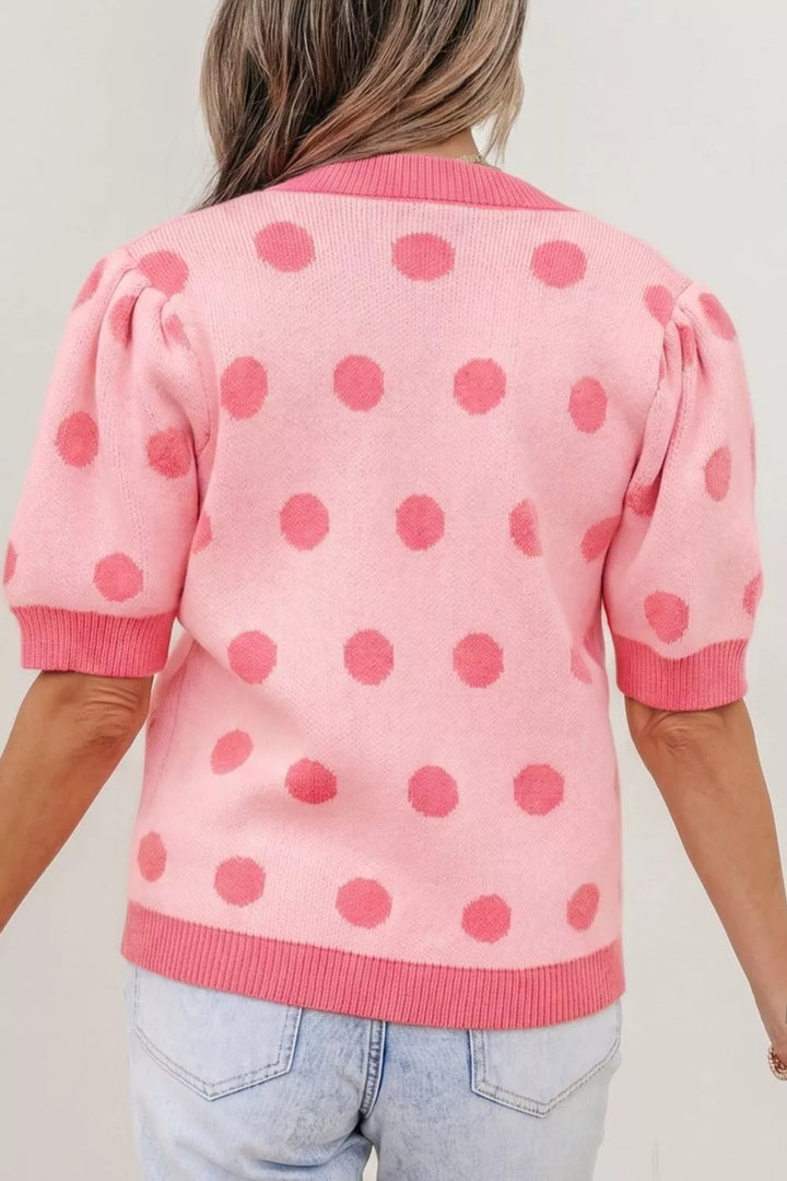 Polka dot puff sleeve v-neck knit sweater top