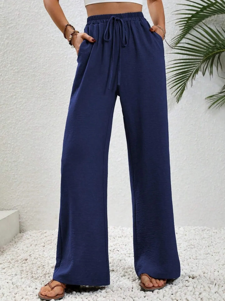 Dark Blue High-rise wide leg drawstring pants with pockets
