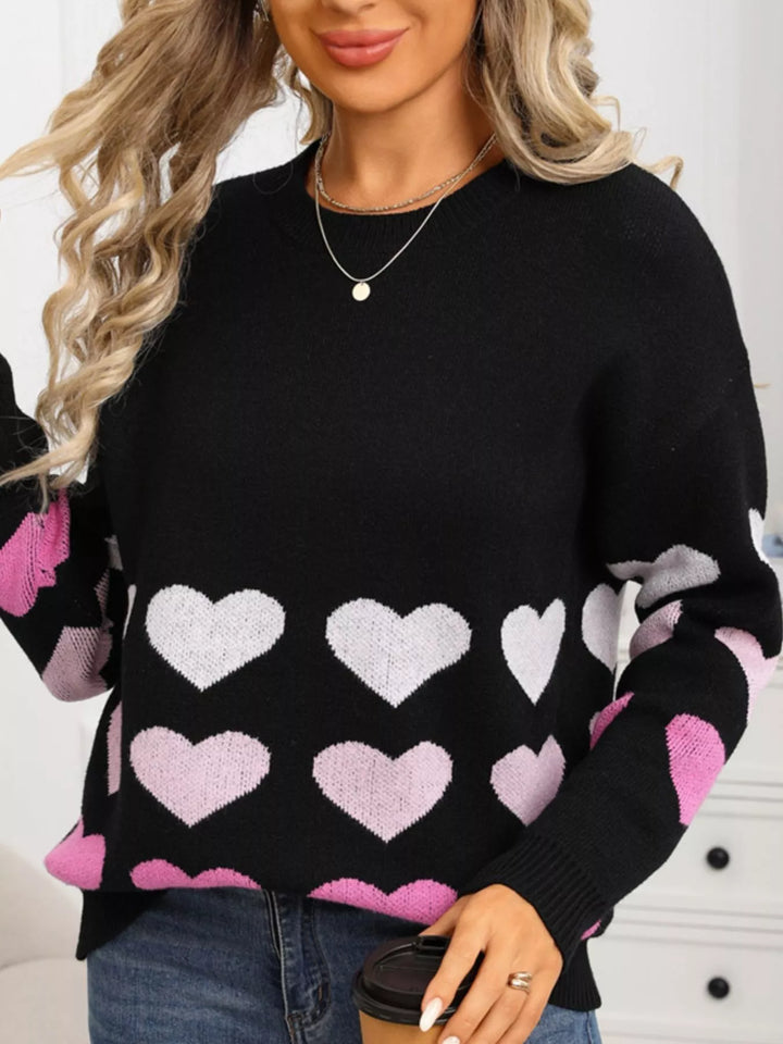 Heart pattern crew neck sweater with ribbed cuffs