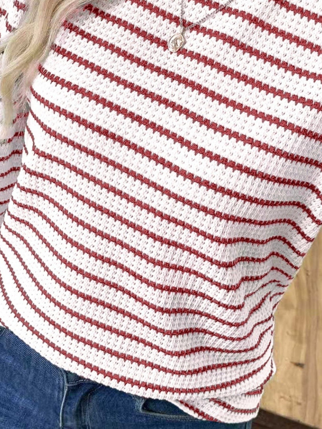 Striped textured knit long sleeve crew neck top