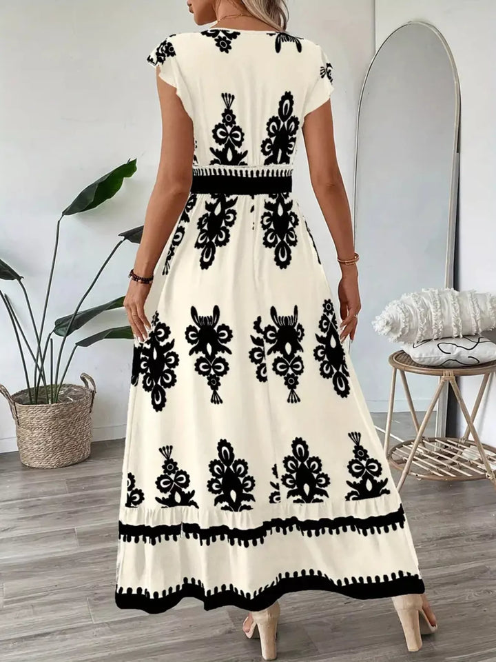 Ornate print v-neck maxi dress with flutter sleeves