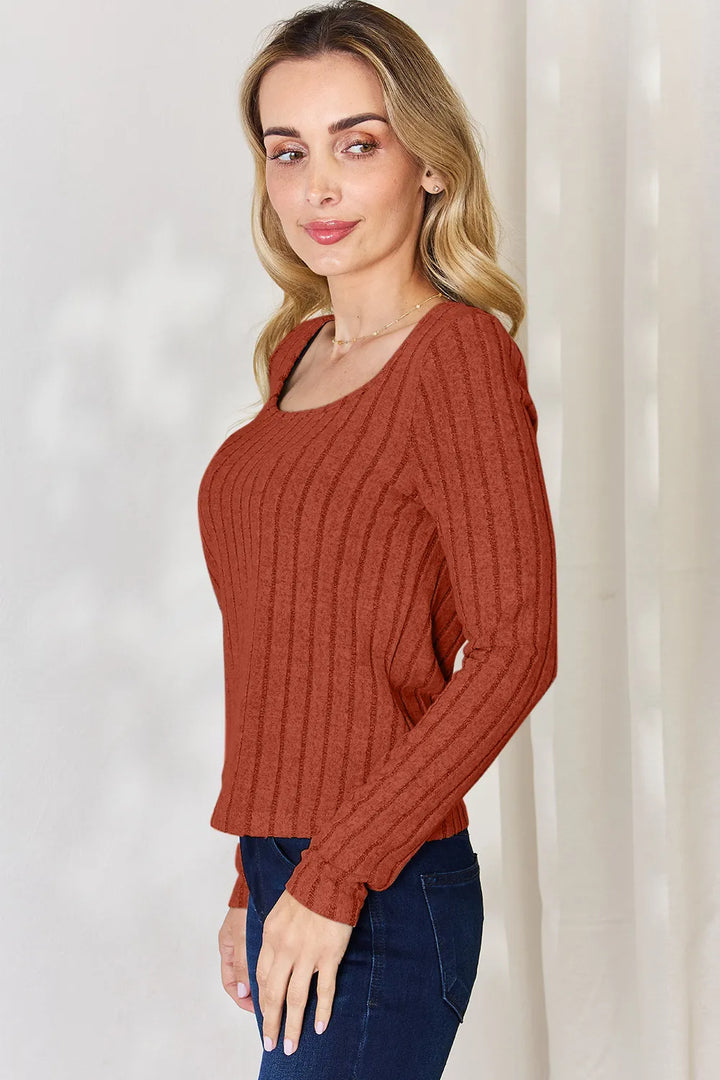 Ribbed scoop neck long sleeve fitted top