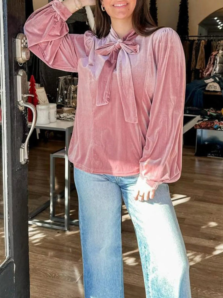Velvet tie-neck blouse with balloon sleeves