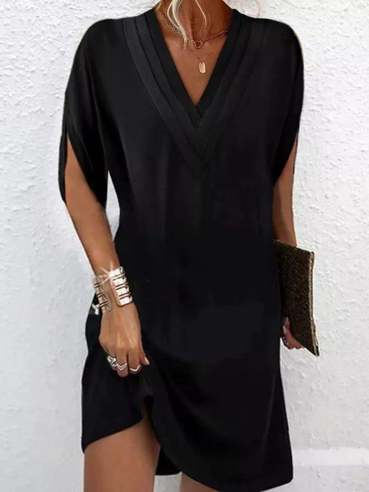 Black Pleated V-neck split sleeve relaxed mini dress