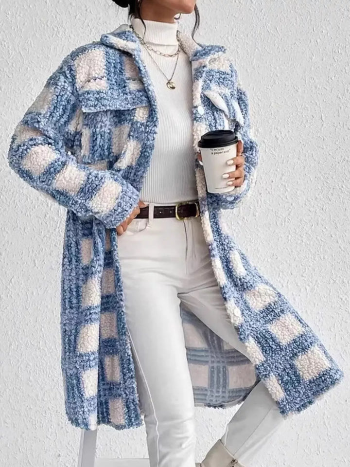 Plaid sherpa fleece button-up longline coat with collar