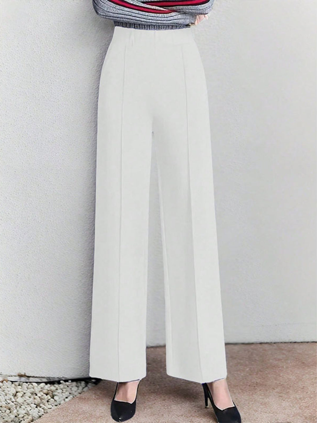 White High-waisted wide-leg pintuck pants with pockets