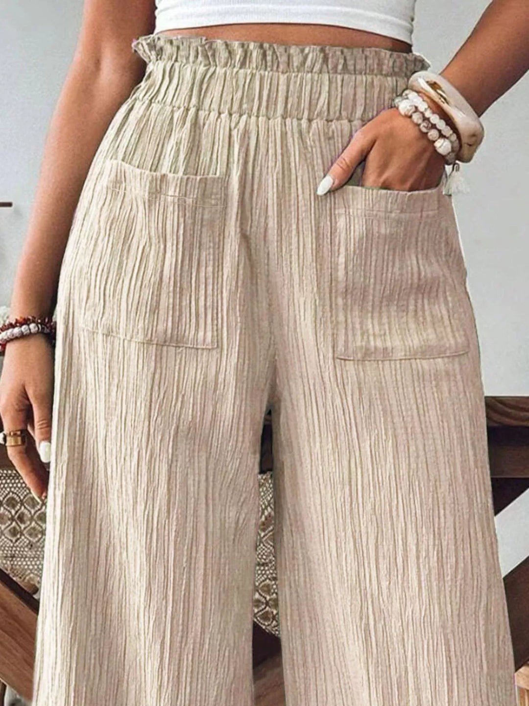 Crinkle ruched high-waist wide leg pants with pockets