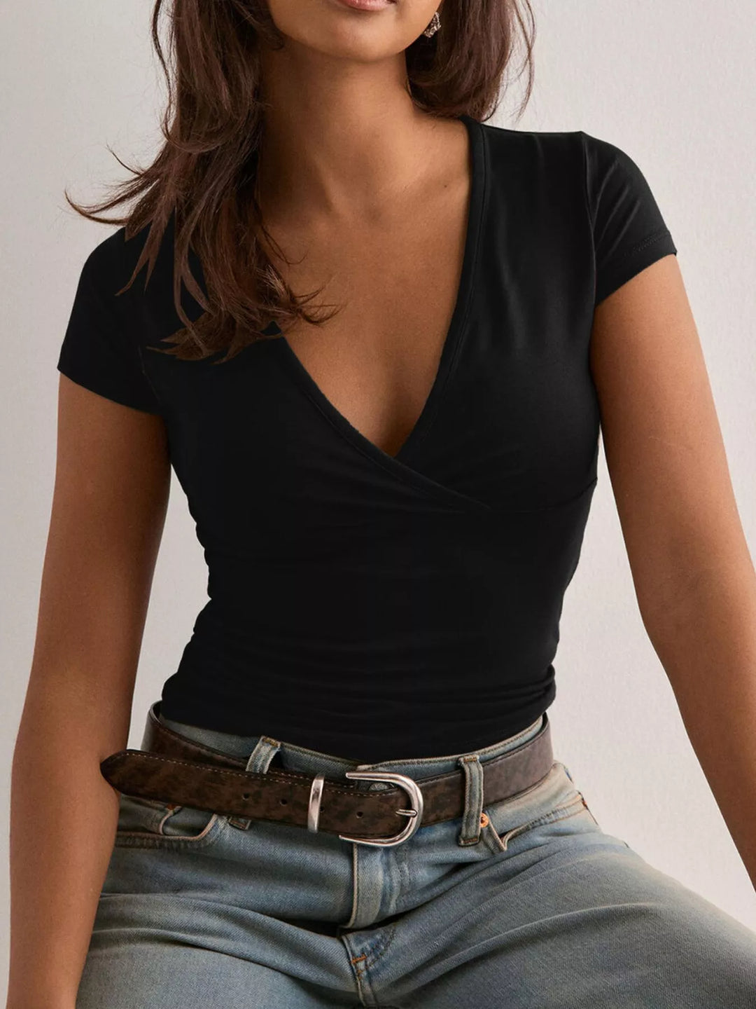 Black Wrap-front V-neck slim fit short sleeve tee
