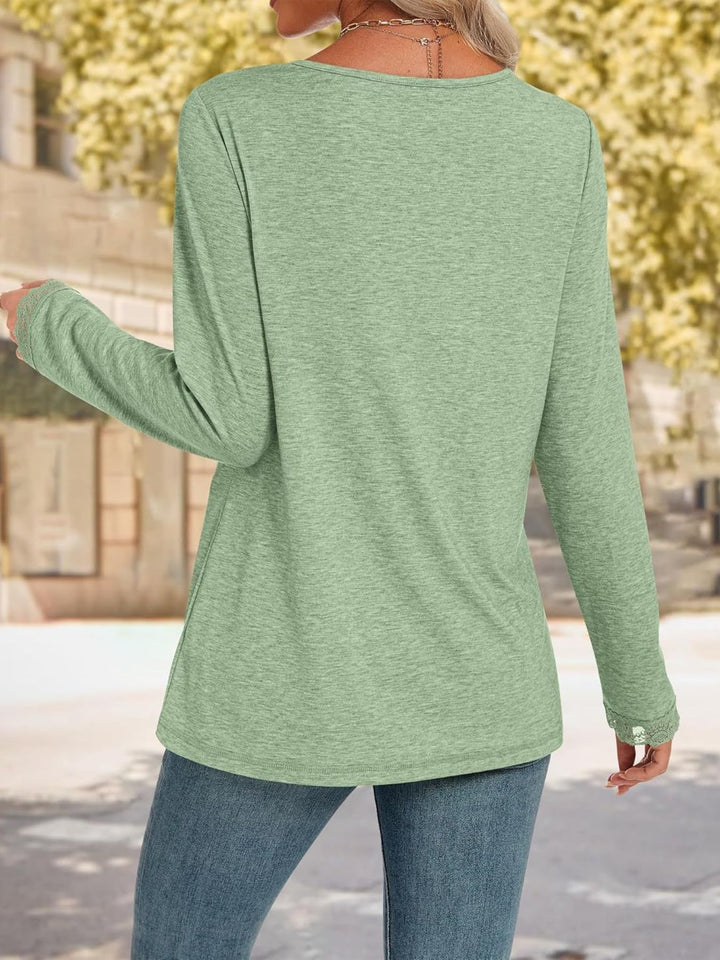 Lace trim V-neck long sleeve top with lace cuffs