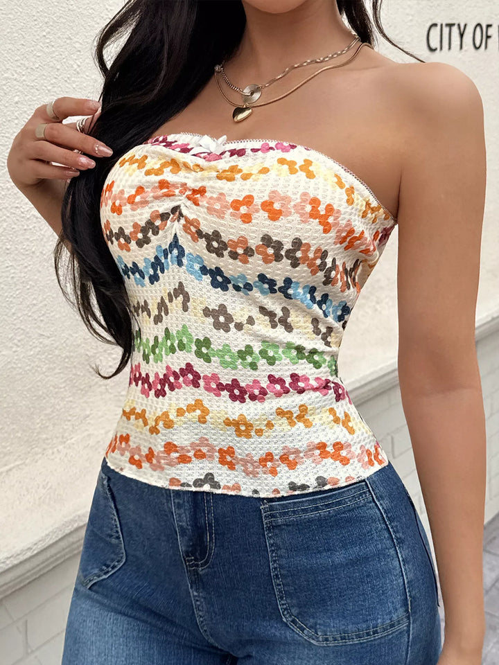 Floral ruched waffle-knit strapless tube top with bow