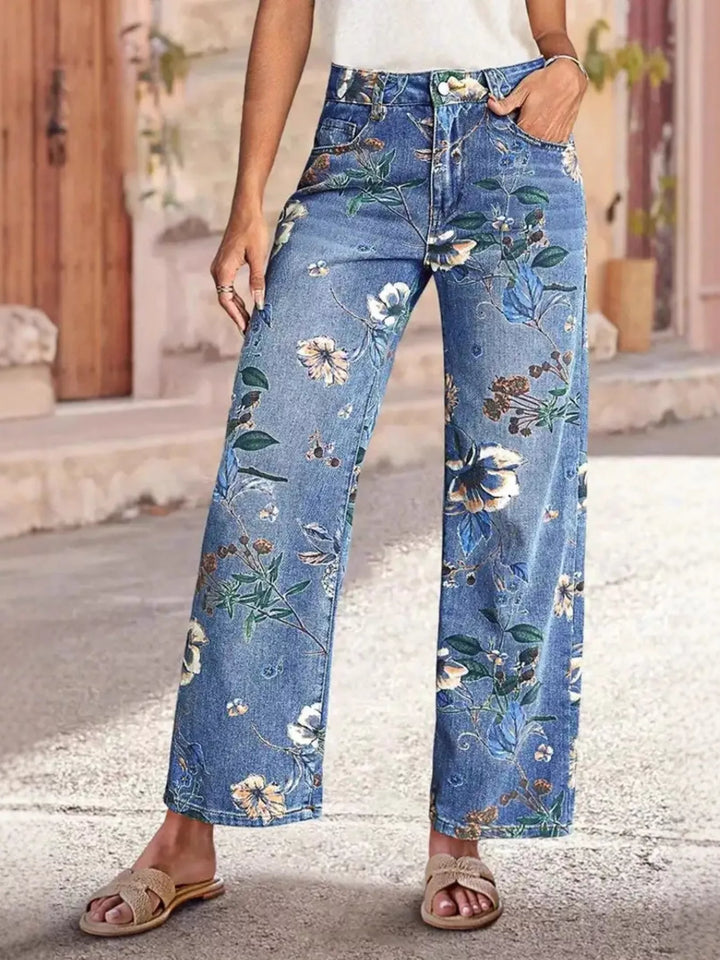 Light Blue High-rise wide-leg jeans with floral print