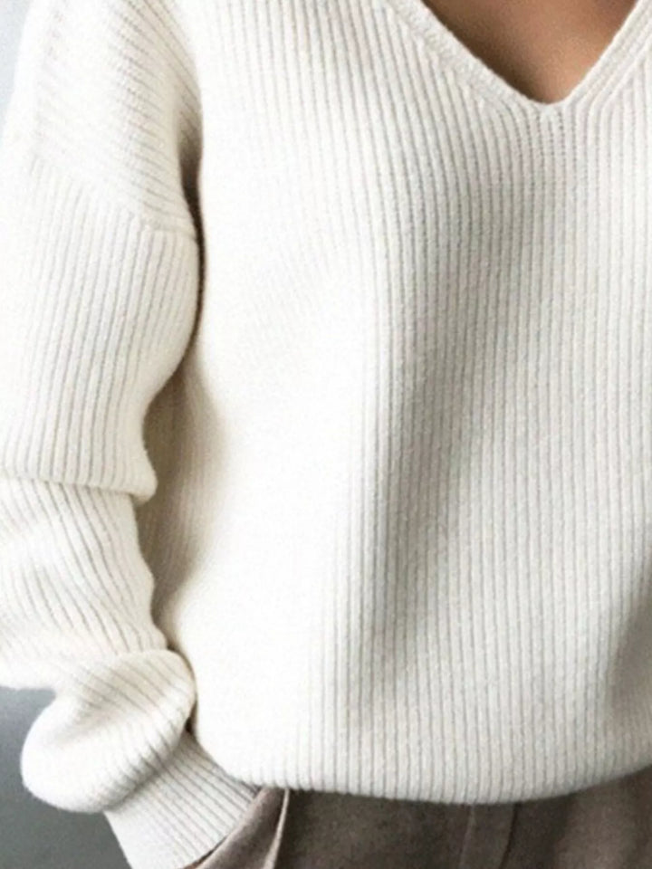 Ribbed knit V-neck sweater with dropped shoulders