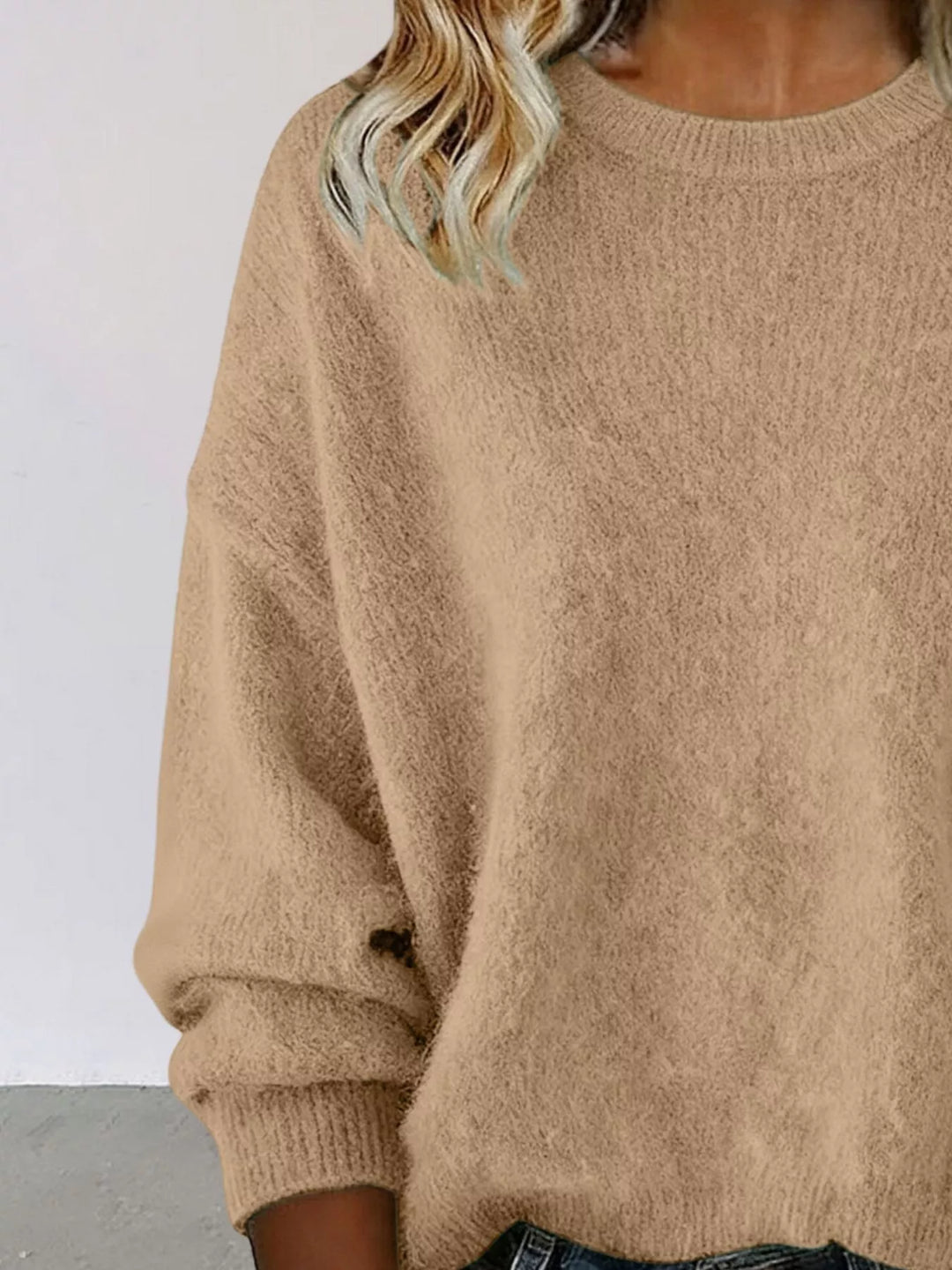 Dropped-shoulder crew neck knit sweater with ribbed trim