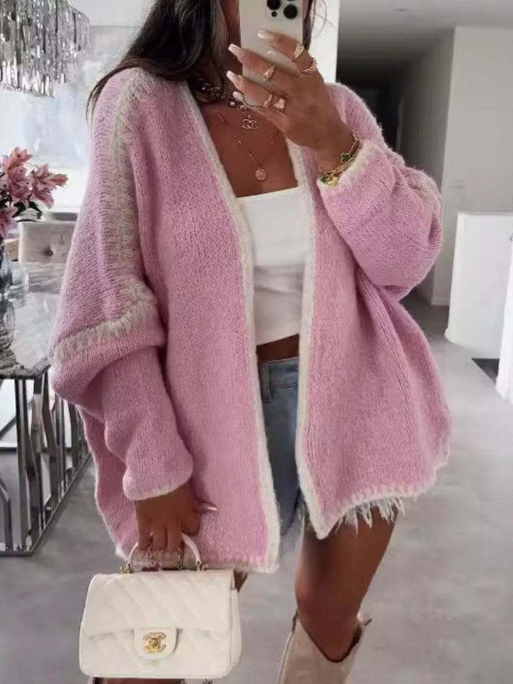 Dusty Pink Contrast whipstitch trim open front knit cardigan