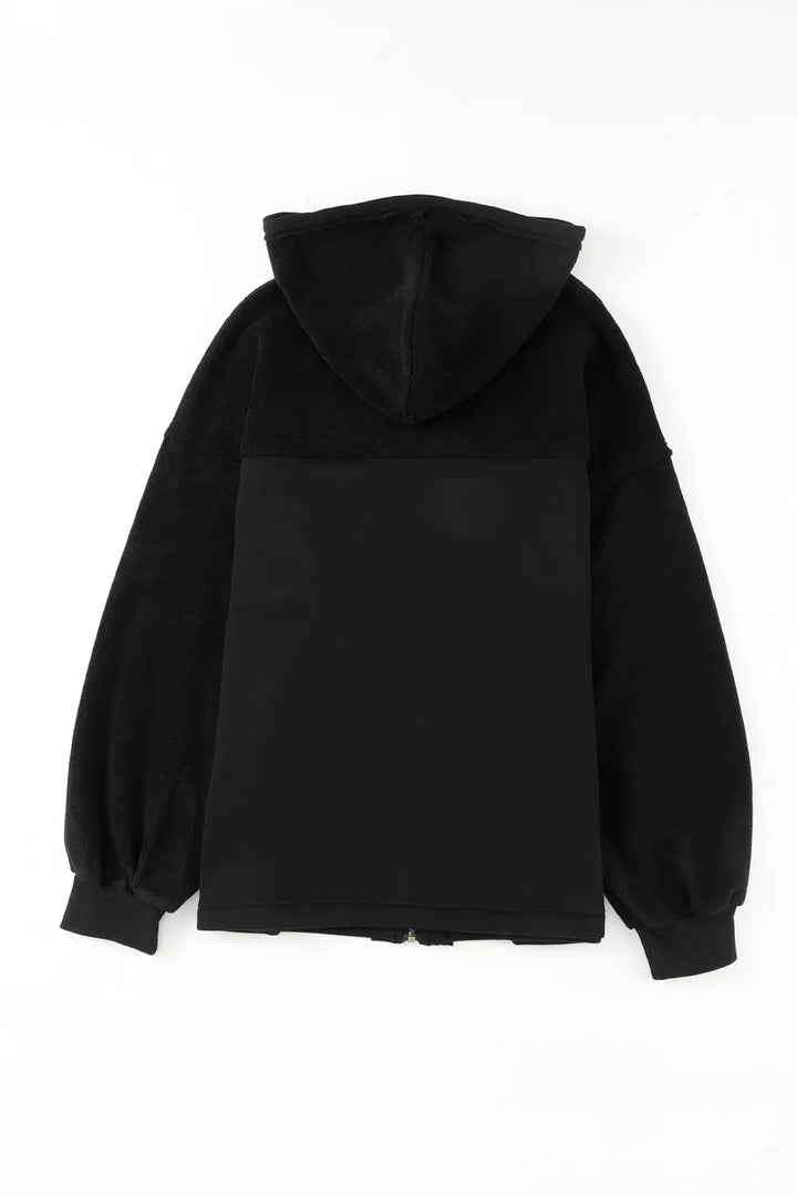 Zip-up hooded fleece jacket with flap pockets