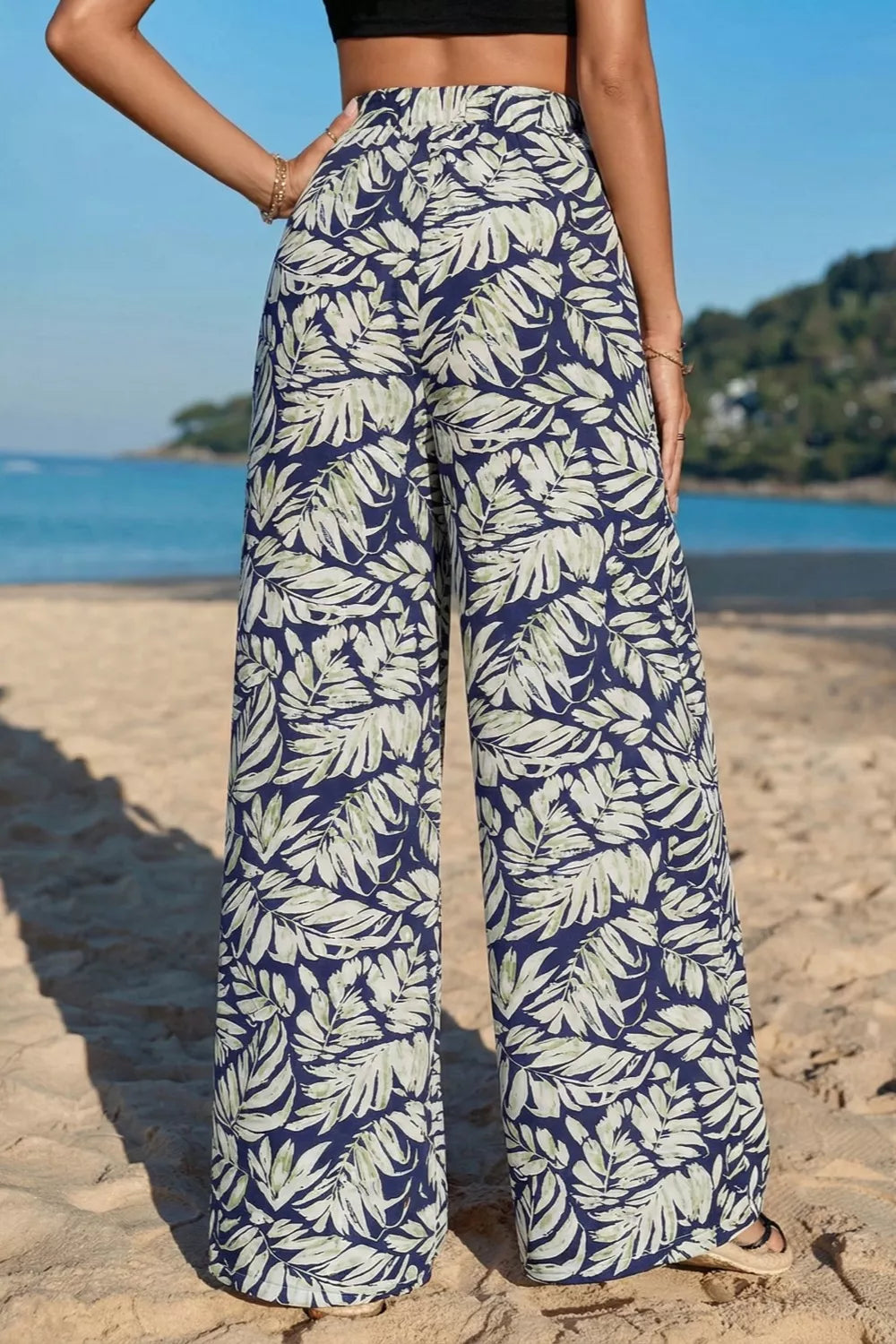 Tropical leaf print wide leg pants with pockets