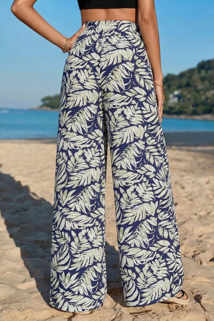 Tropical leaf print wide leg pants with pockets
