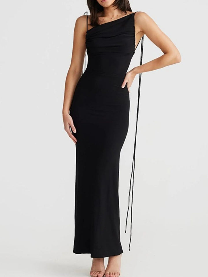 Black Backless ruched bodycon maxi dress with tie straps