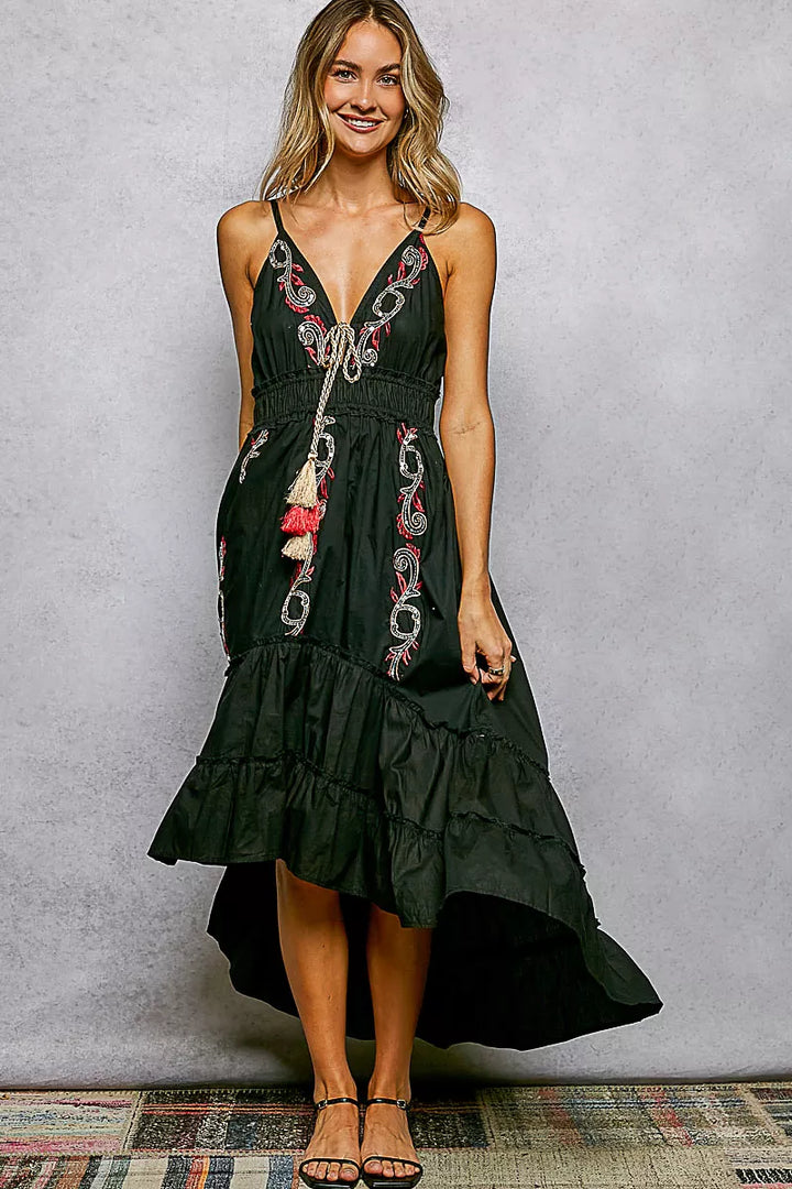 BLACK Embroidered tiered midi cami dress with tassel tie