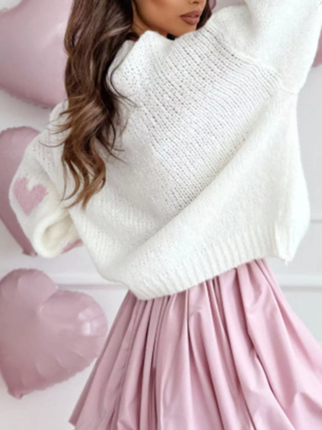 Heart pattern round neck knit sweater with balloon sleeves