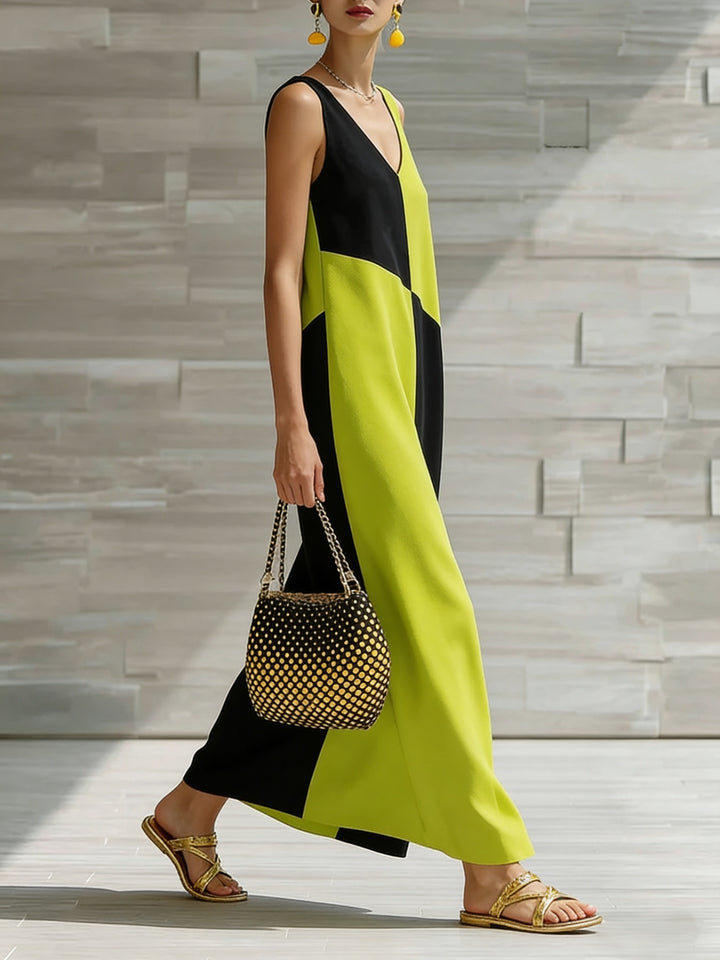 Color block sleeveless V-neck maxi dress