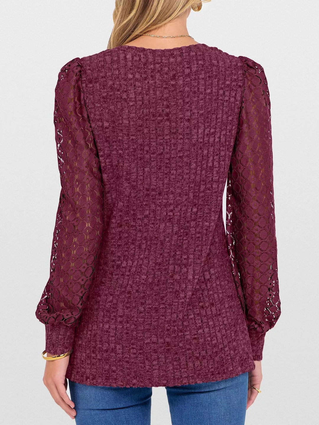 Sheer lace sleeve ribbed knit V-neck top