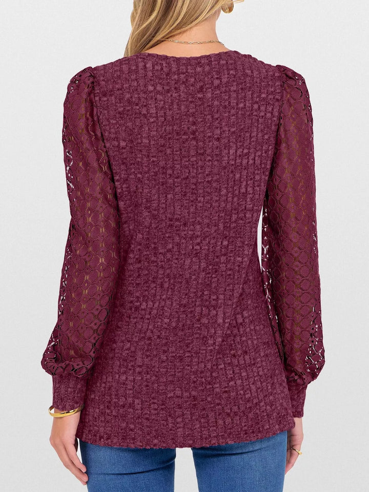 Sheer lace sleeve ribbed knit V-neck top