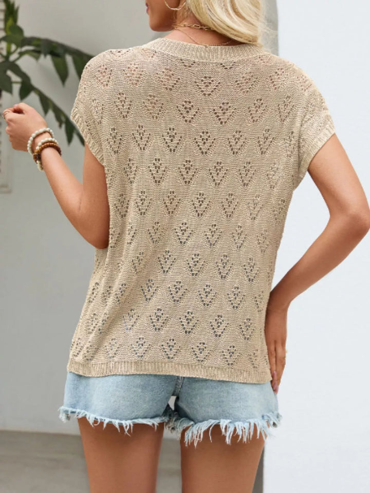 Openwork pointelle knit short sleeve top