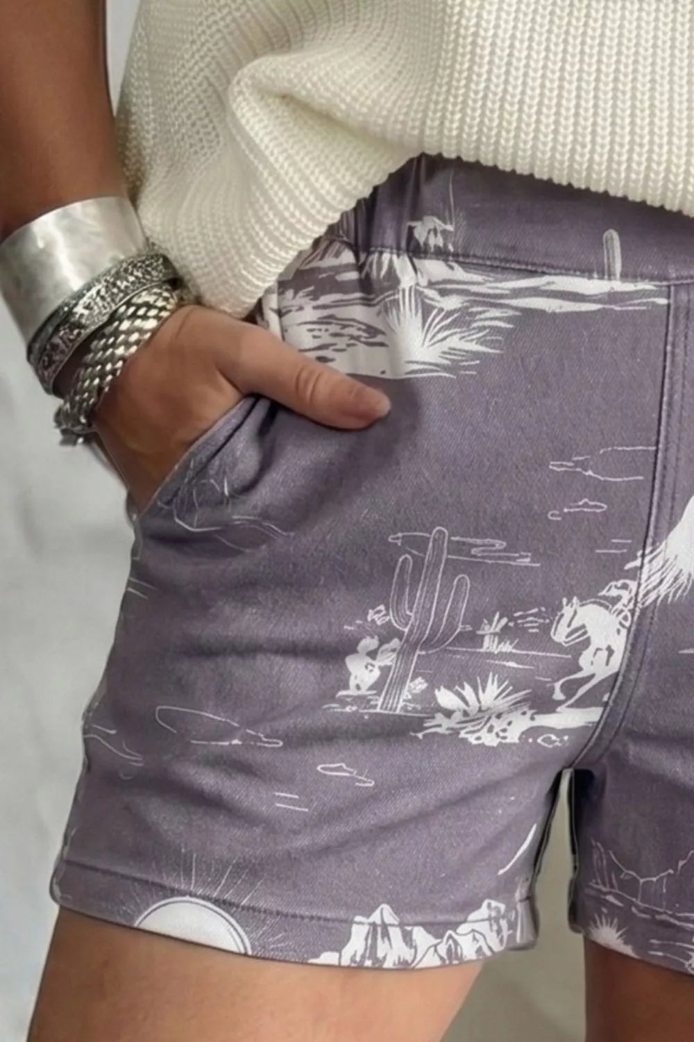 Western desert scene denim shorts with pockets