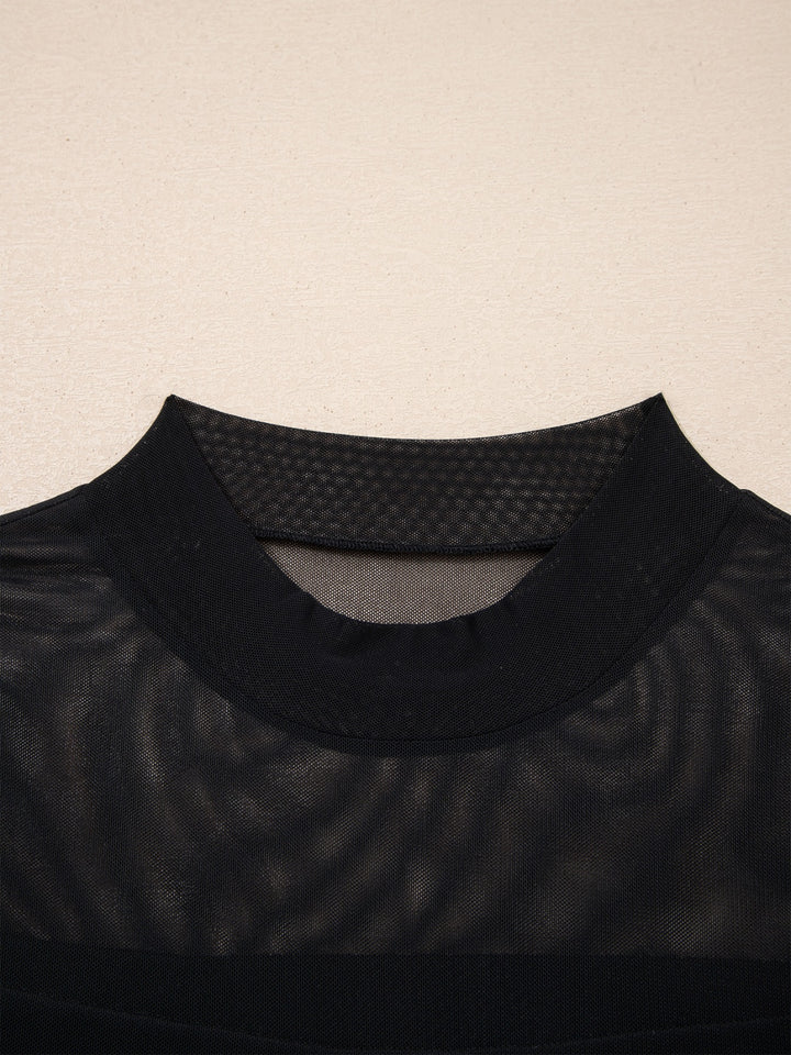 Sheer mesh yoke cap sleeve top with ruched waist