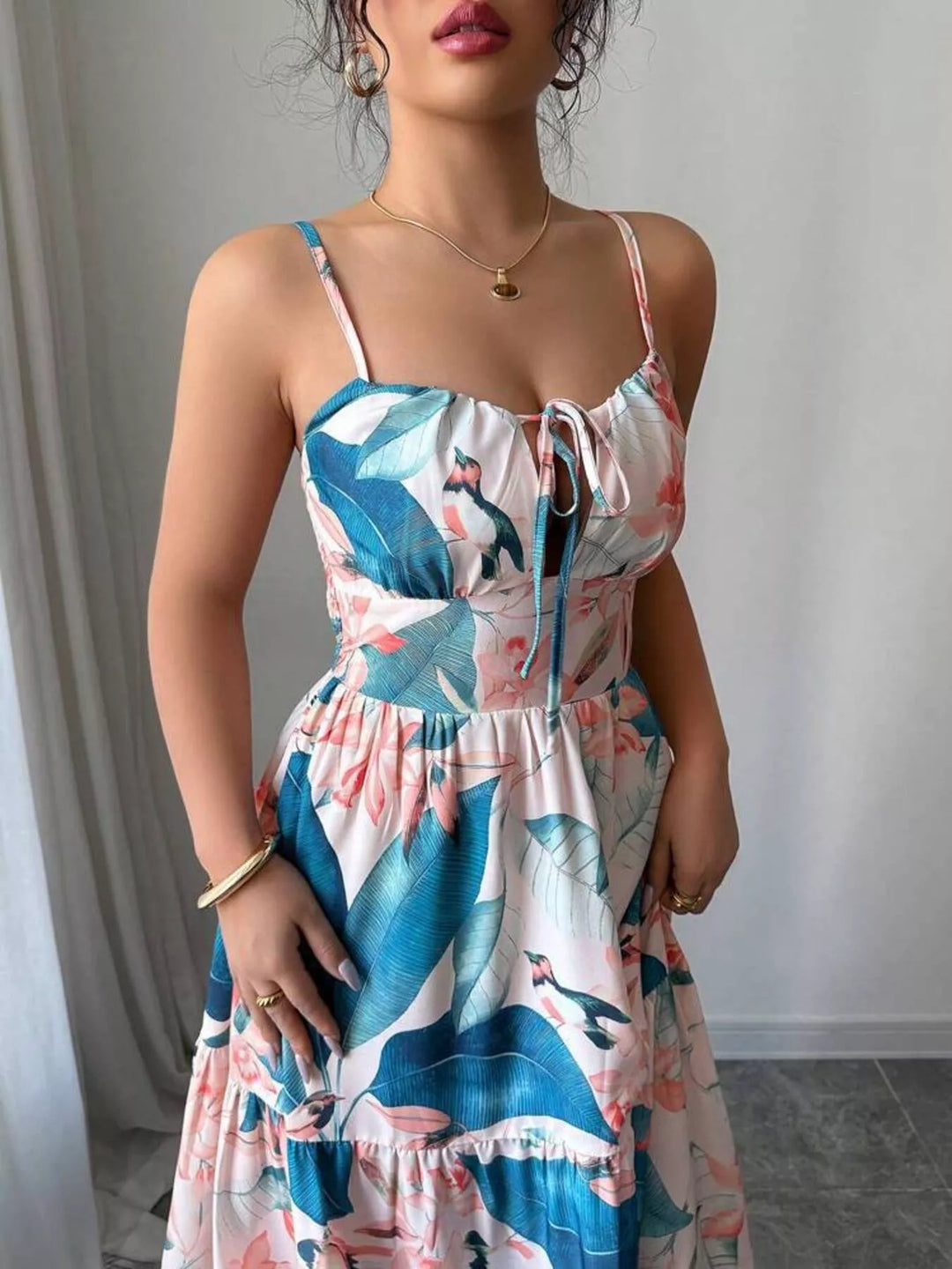 Floral print tiered maxi cami dress with tie front