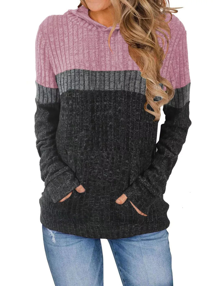 Pink Color block ribbed knit hoodie with kangaroo pocket