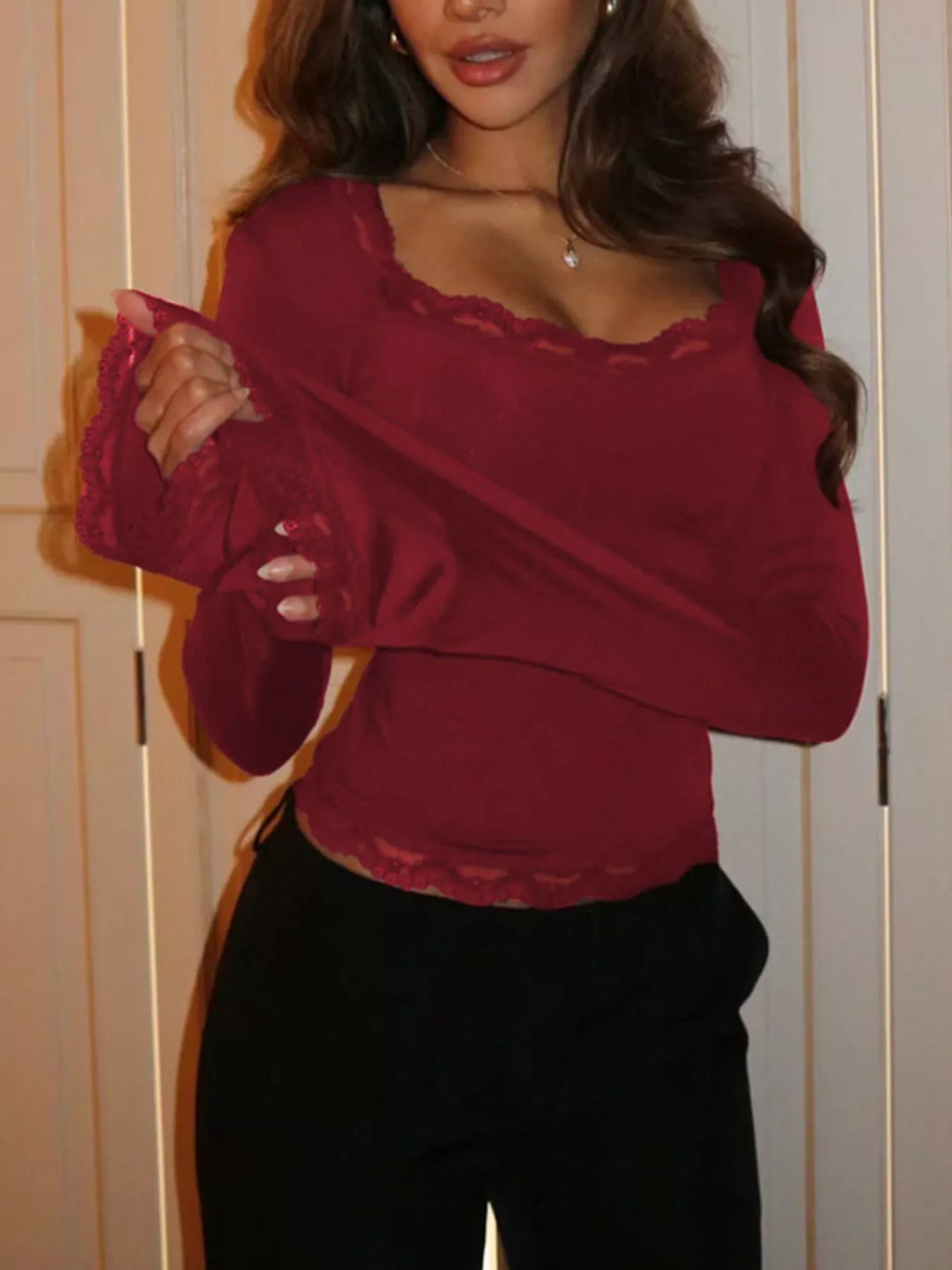 Lace trim long sleeve top with square neck and bell cuffs