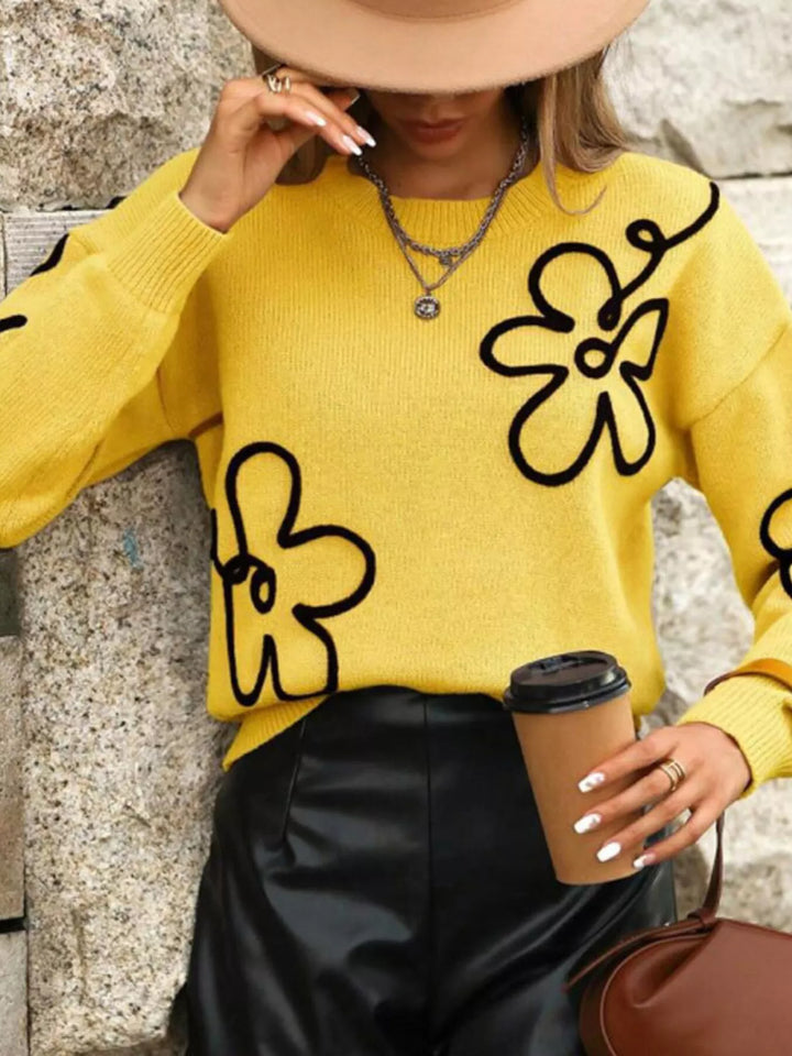 Yellow Line-drawn floral drop shoulder knit pullover sweater