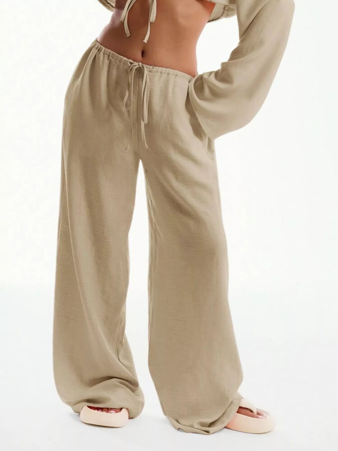 Tan Linen-look drawstring wide-leg pants with side pockets