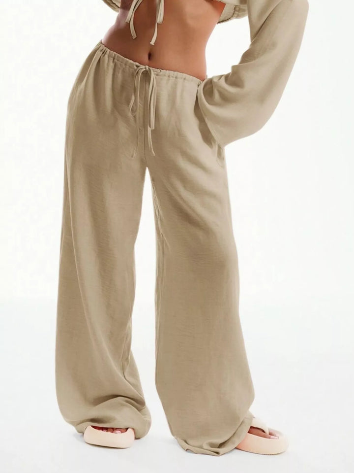 Tan Linen-look drawstring wide-leg pants with side pockets