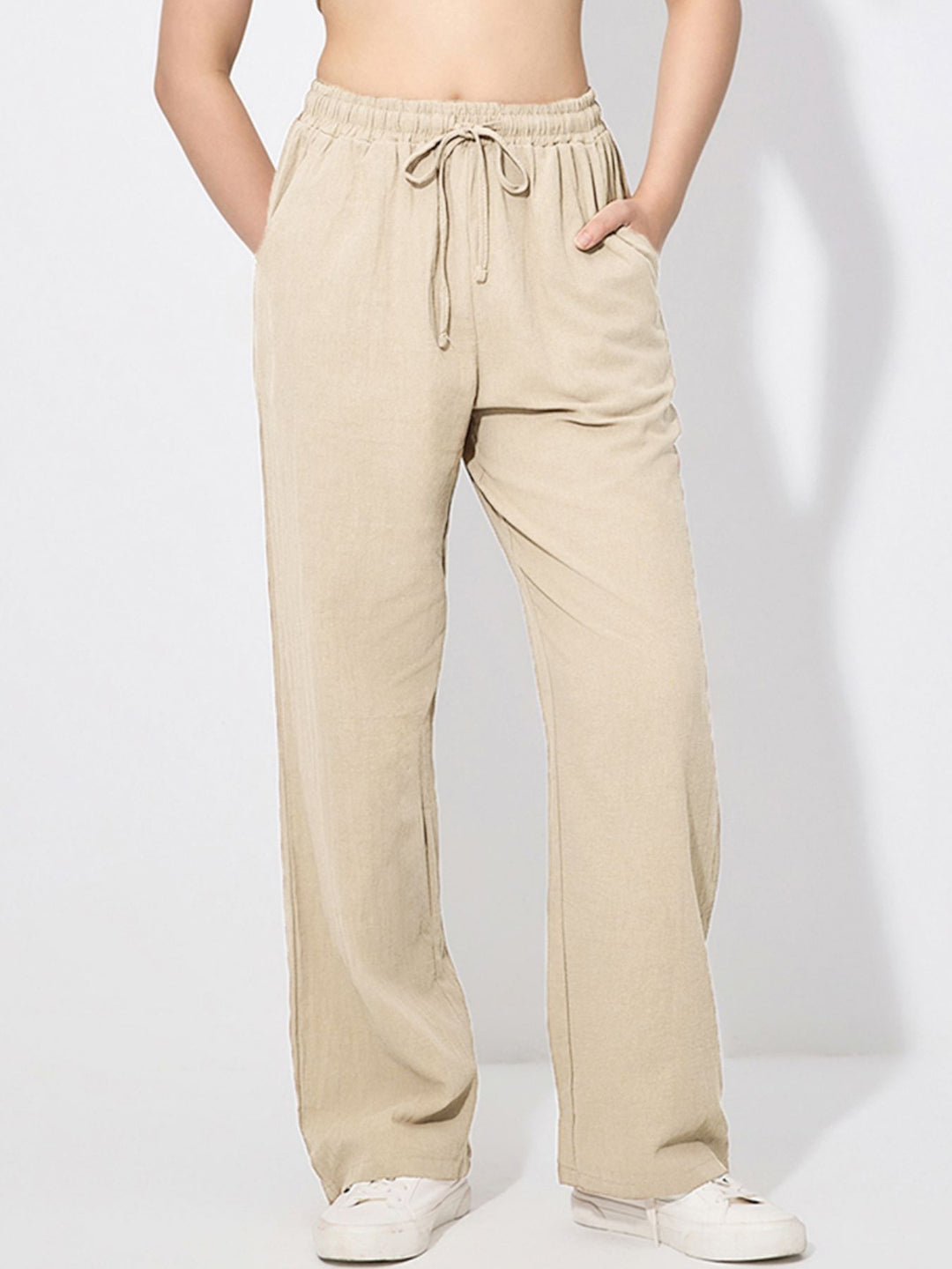 Drawstring wide-leg pull-on pants with side pockets