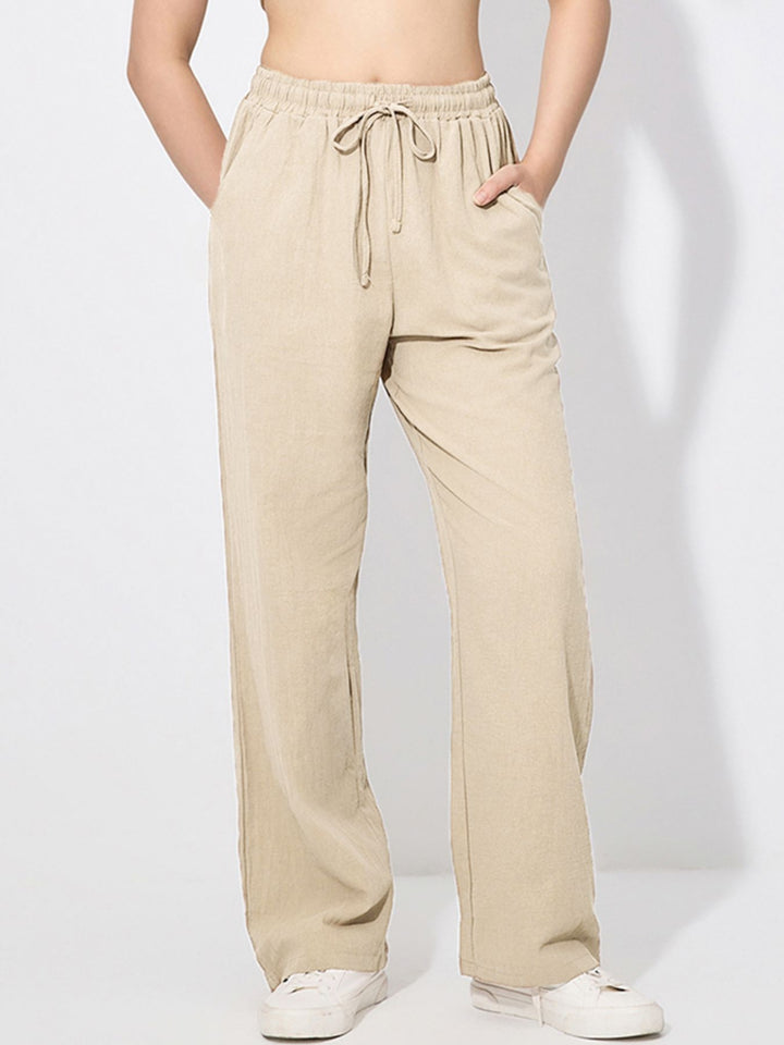 Drawstring wide-leg pull-on pants with side pockets