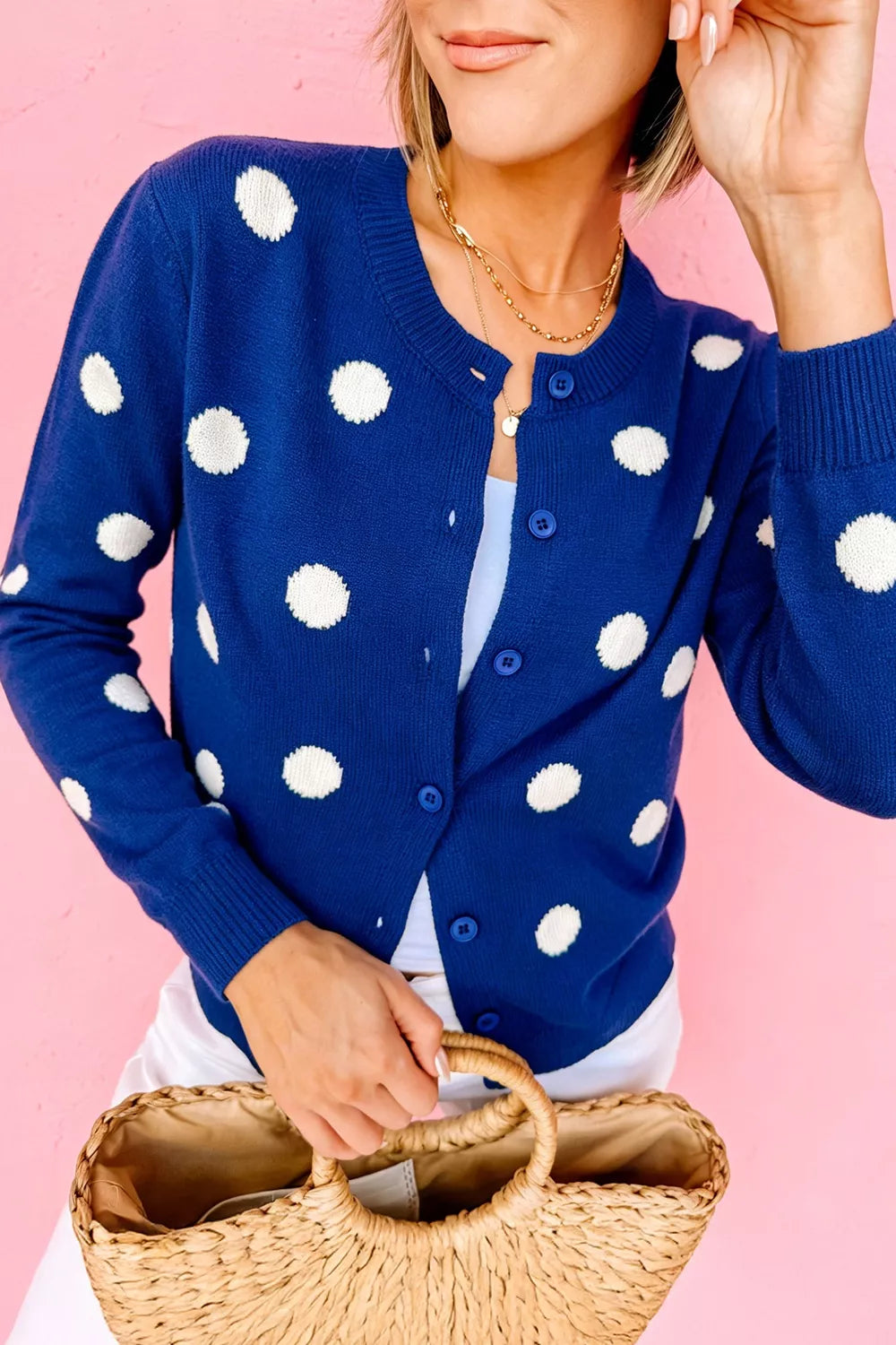 Polka dot knit button-front cardigan with ribbed trim