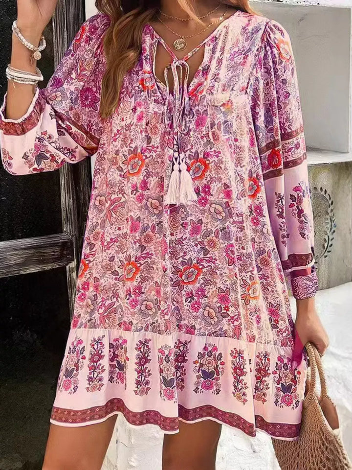 Blush Pink Boho floral v-neck mini dress with tassel tie and long sleeves