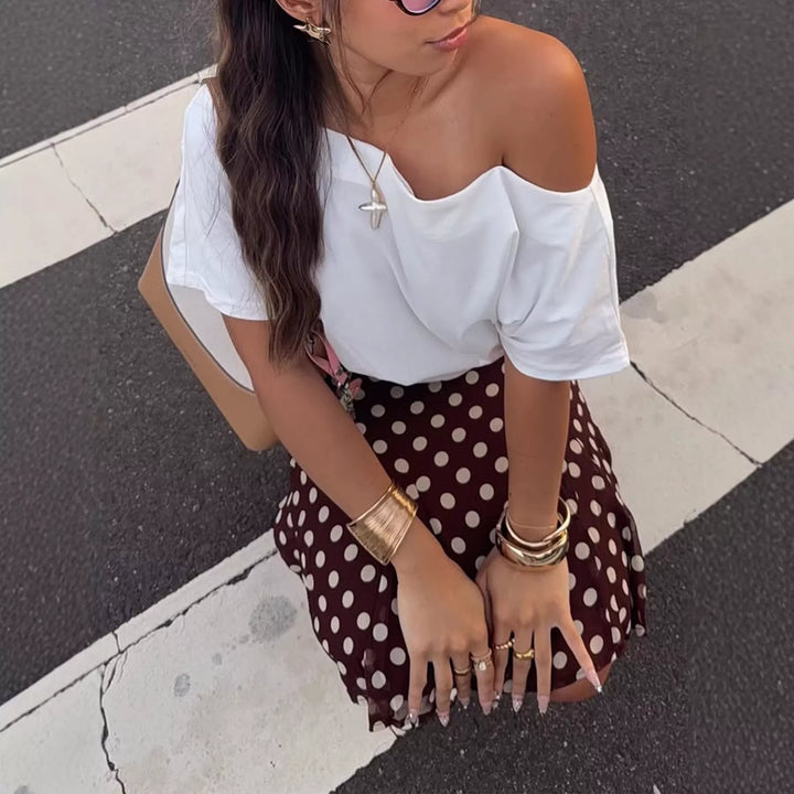 Polka dot chiffon midi skirt with bow waist