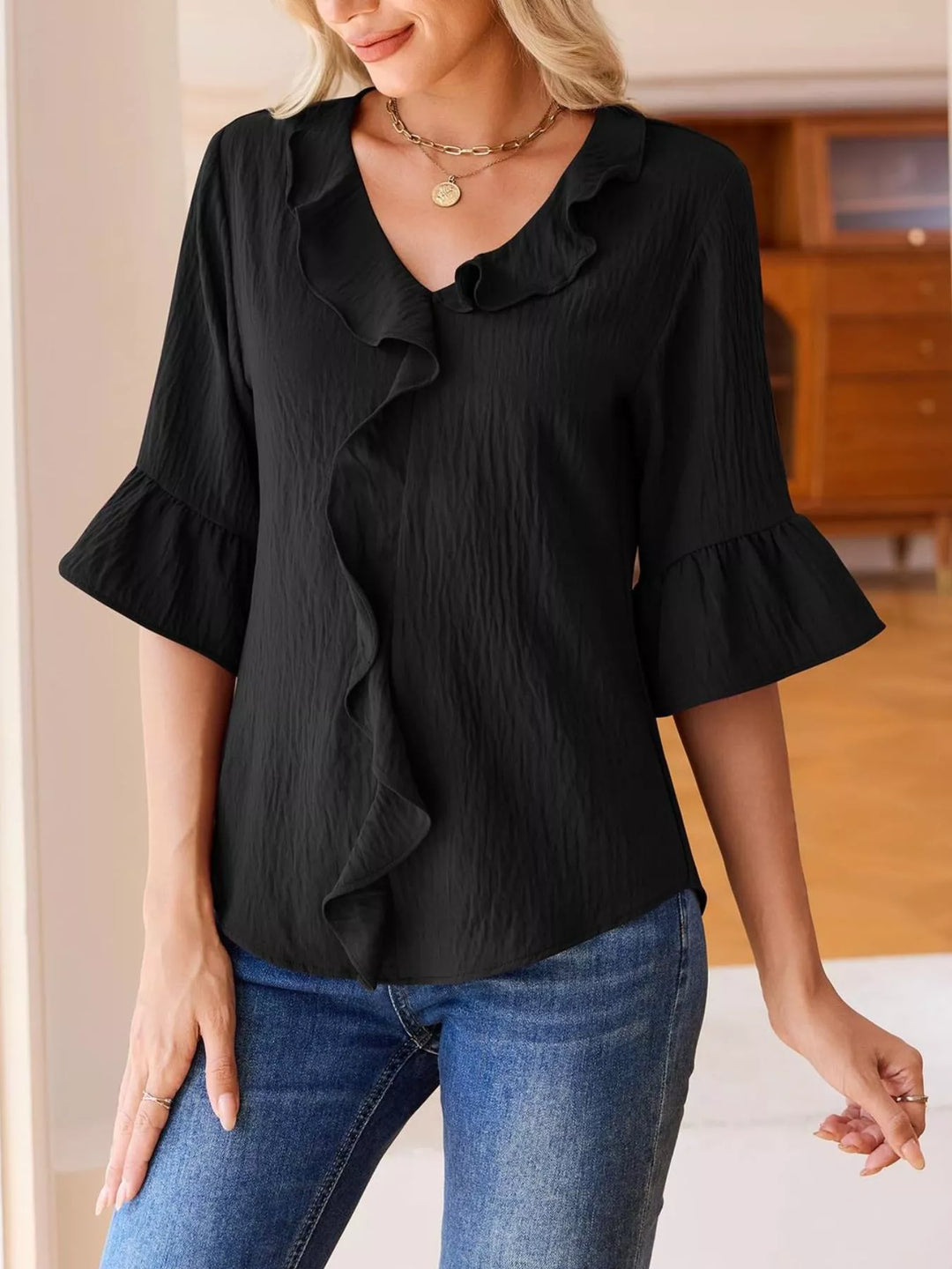 Ruffle trim V-neck blouse with flared bell sleeves